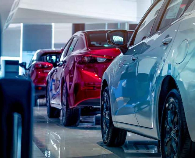 fleet of new cars in showroom